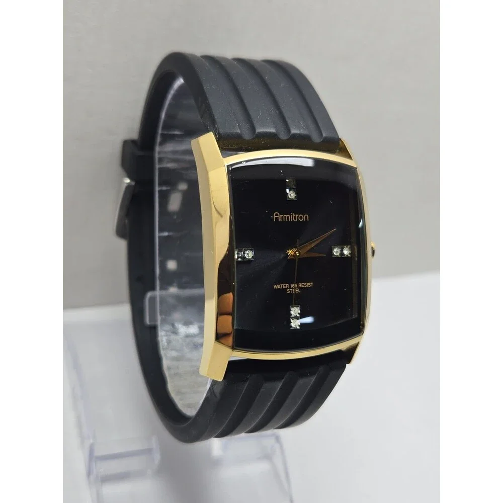 Mens Armitron Diamond 33mm Gold Tone Tank Black Silicon Quartz Watch New Battery